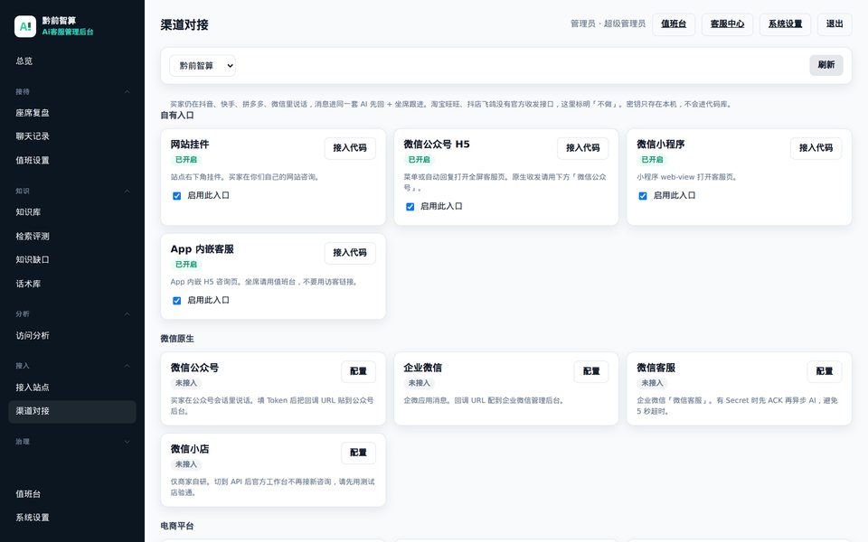 自有入口与渠道对接：网站、App 与第三方平台分开配置